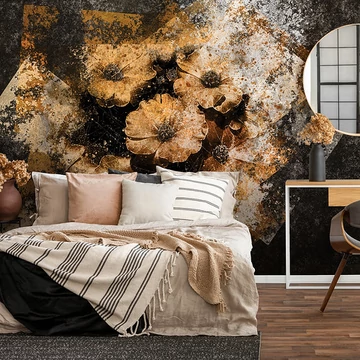 Fekete és narancs színű,  fal hatású virág mintás vintage fali poszter, vlies, 368x254cm