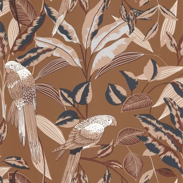 Trópusi barna-rosegold levélmintás, tündöklő papagájos tapéta