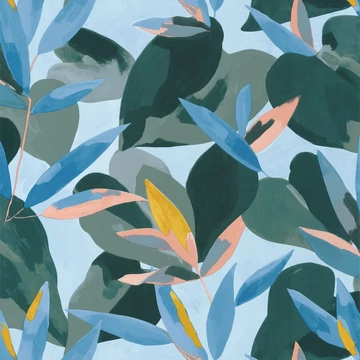 Gouache festéssel készült szirmok, tündöklő korall-kék színű tapéta