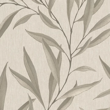 Textil hatású, világos alapon, pezsgő színű, hosszúkás levél mintás tapéta