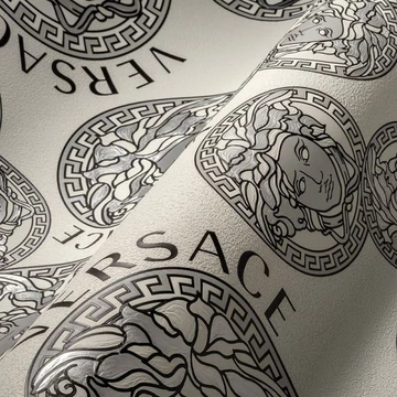 Versace, impozáns logóval ellátott tapéta, fekete-fehér-ezüst változatban