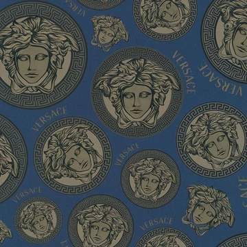 Versace, előkelő tapéta, ismétlődő motívummal, arany-királykék színben