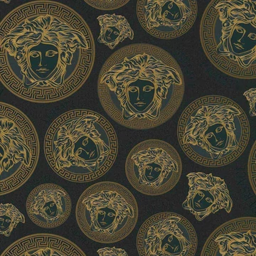 Versace, előkelő tapéta, ismétlődő motívummal, fekete-arany színben