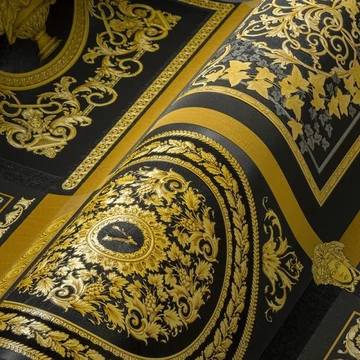 Versace, szatén bevonatú tapéta, lebilincselő fényezéssel, fekete-arany színvilágban