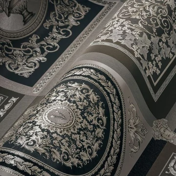 Versace, szatén bevonatú tapéta, lebilincselő fényezéssel, szürke-ezüst színvilágban