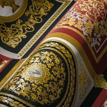 Versace, szatén bevonatú tapéta, lebilincselő fényezéssel, arany-piros színvilágban
