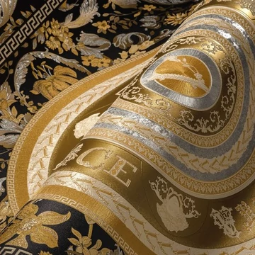 Versace, emblematikus tapéta, ékes mintázattal, fekete-arany küllemmel 