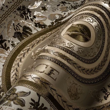 Versace, emblematikus tapéta, ékes mintázattal, ezüst-arany küllemmel 