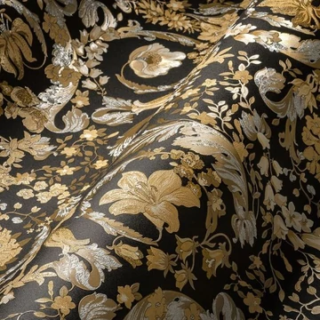 Versace, elbűvölő virágmintával rendelkező tapéta, finom textúrával, fekete-arany dizájnban